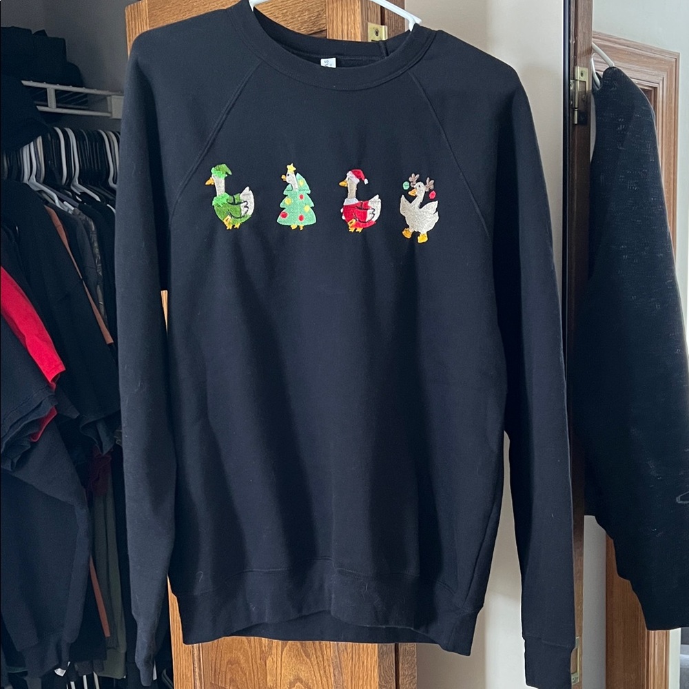 Festive Black Sweater with Holiday goose Embroidery